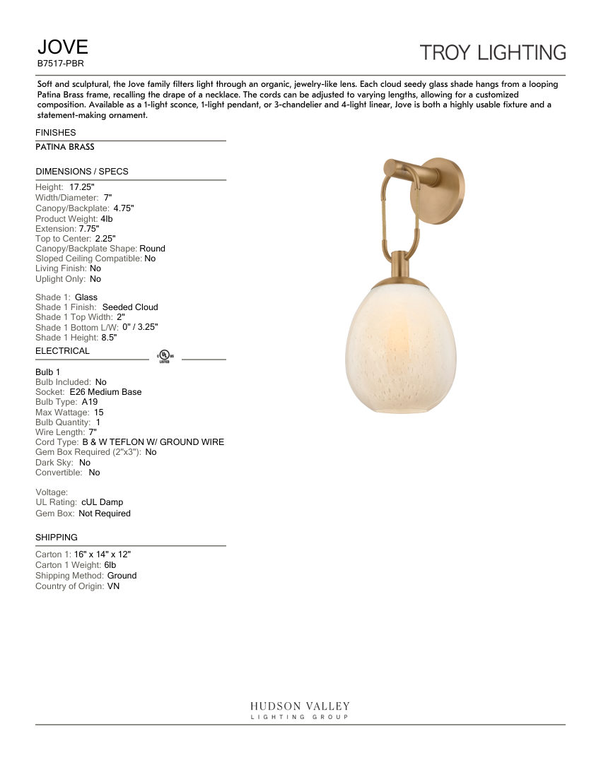 Troy Lighting B7517-PBR cut sheet — first page