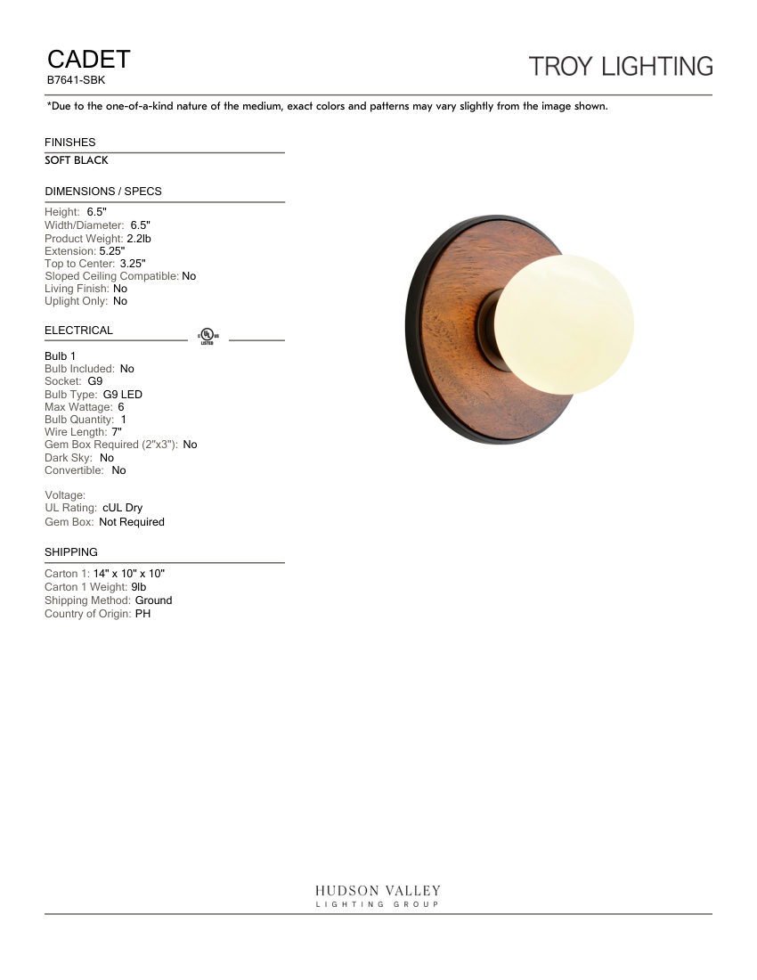 Troy Lighting B7641-SBK cut sheet — first page