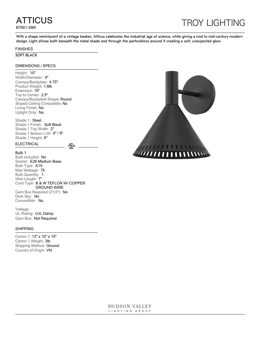 Troy Lighting B7661-SBK cut sheet — first page