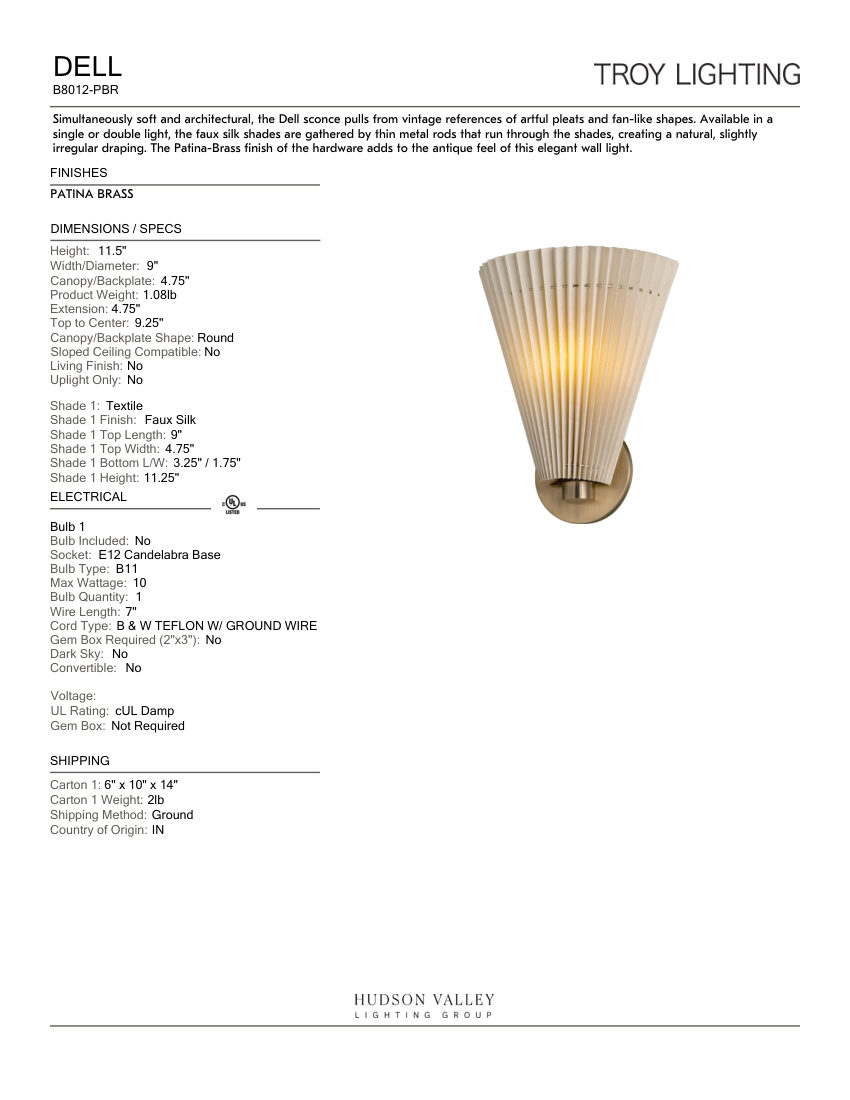 Troy Lighting B8012-PBR cut sheet — first page