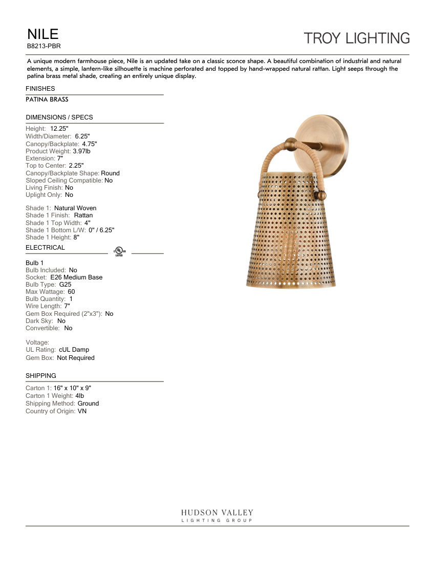 Troy Lighting B8213-PBR cut sheet — first page
