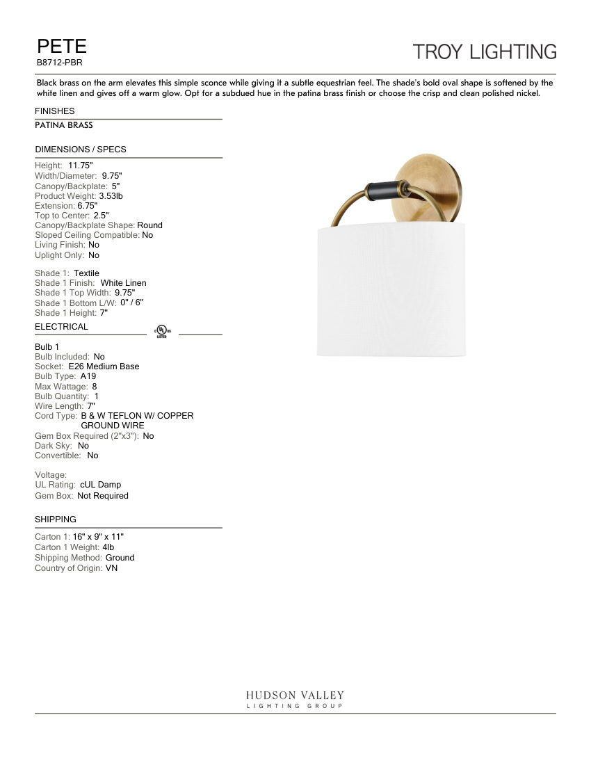 Troy Lighting B8712-PBR cut sheet — first page