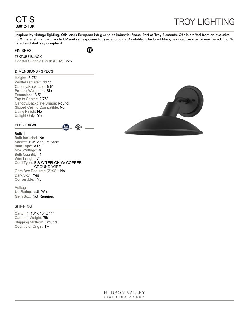 Troy Lighting B8812-TBK cut sheet — first page