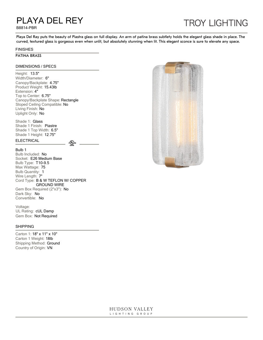 Troy Lighting B8814-PBR cut sheet — first page