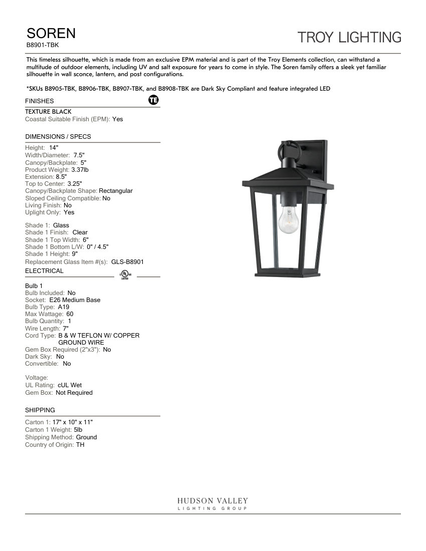Troy Lighting B8901-TBK cut sheet — first page