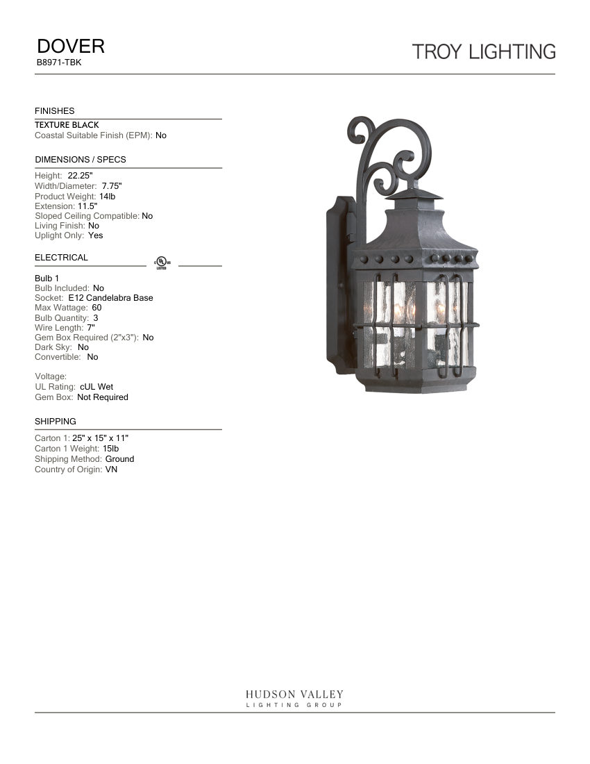 Troy Lighting B8971-TBK cut sheet — first page