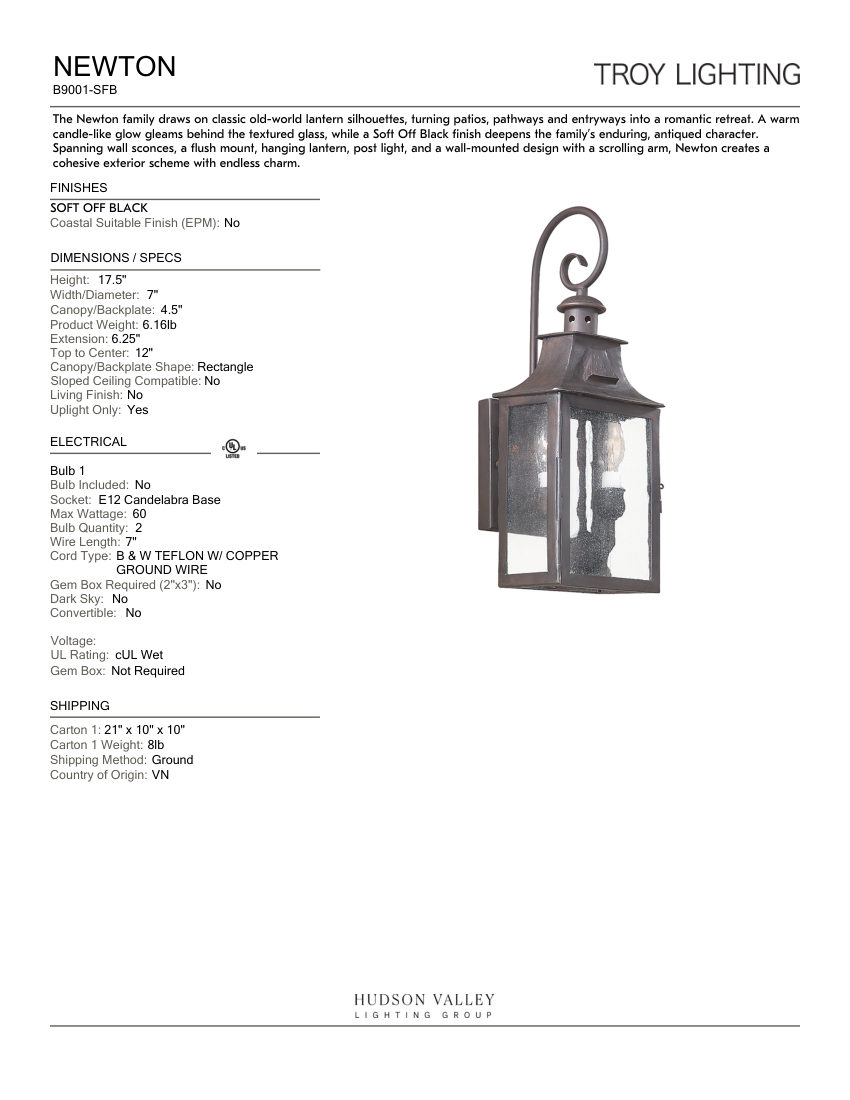 Troy Lighting B9001-SFB cut sheet — first page