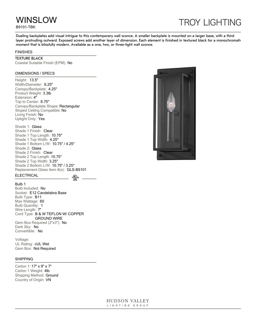 Troy Lighting B9101-TBK cut sheet — first page