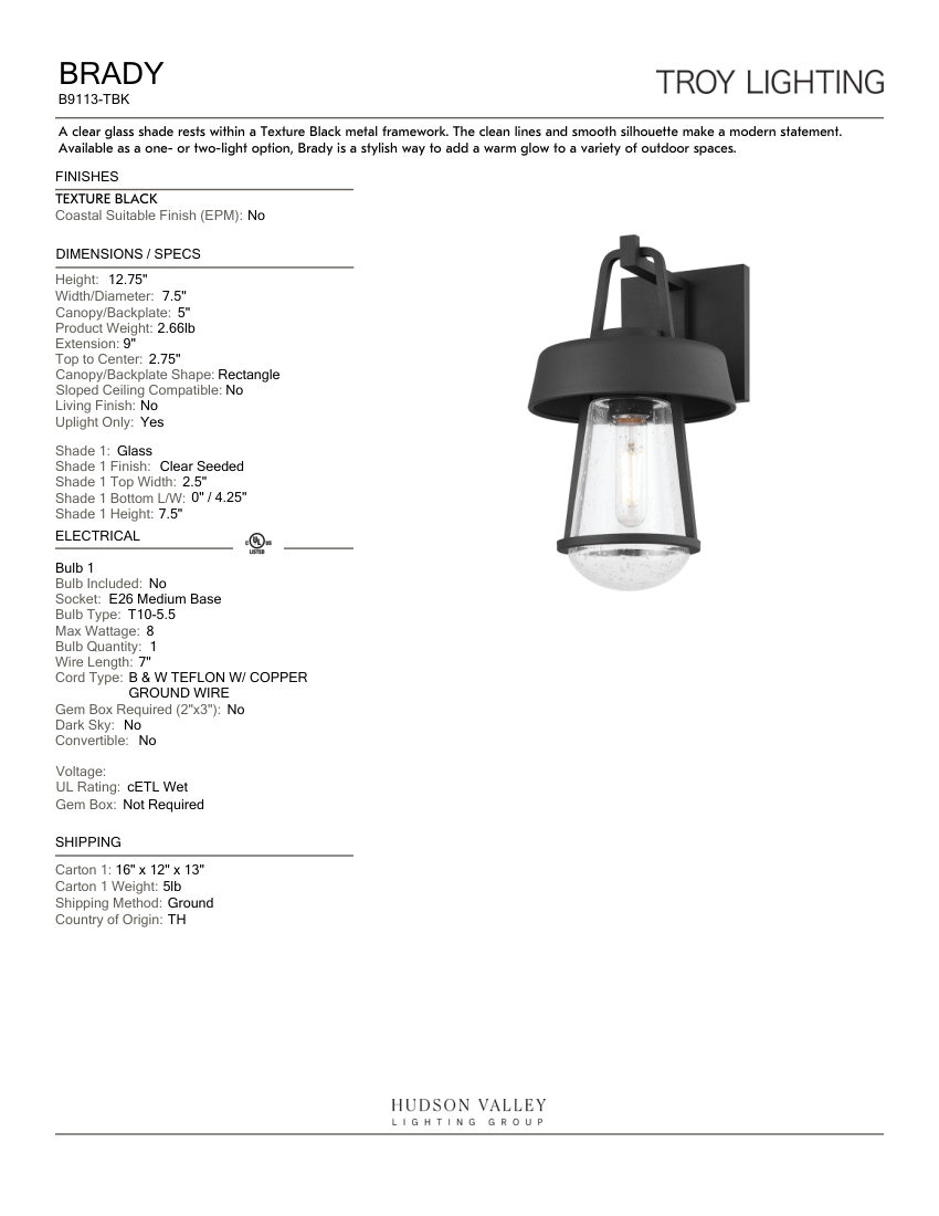 Troy Lighting B9113-TBK cut sheet — first page