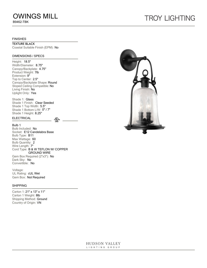 Troy Lighting B9462-TBK cut sheet — first page