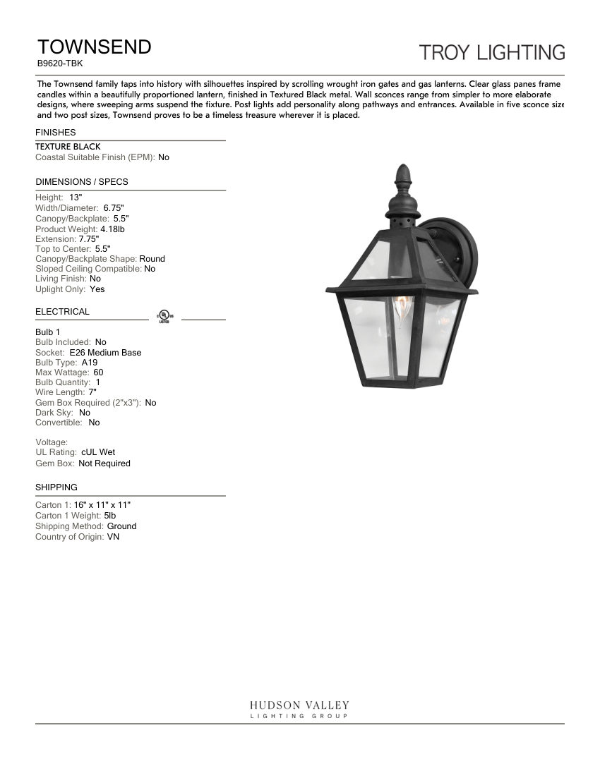 Troy Lighting B9620-TBK cut sheet — first page