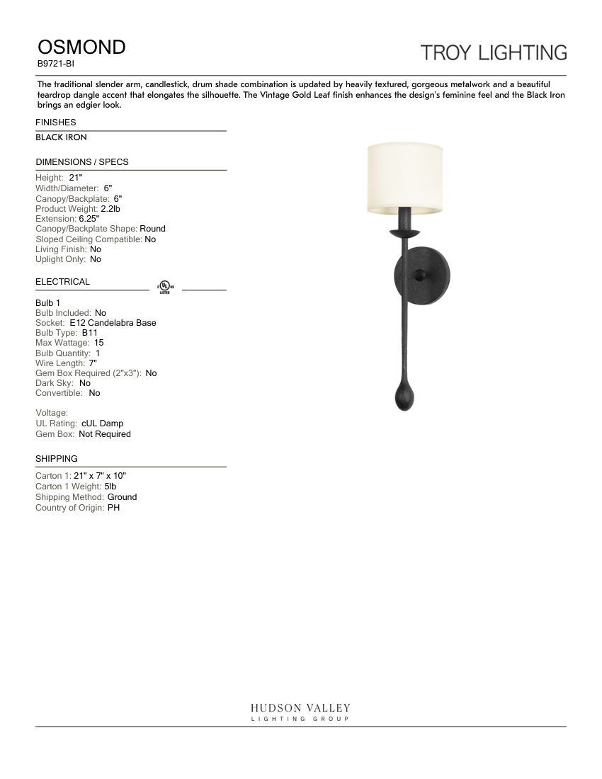 Troy Lighting B9721-BI cut sheet — first page