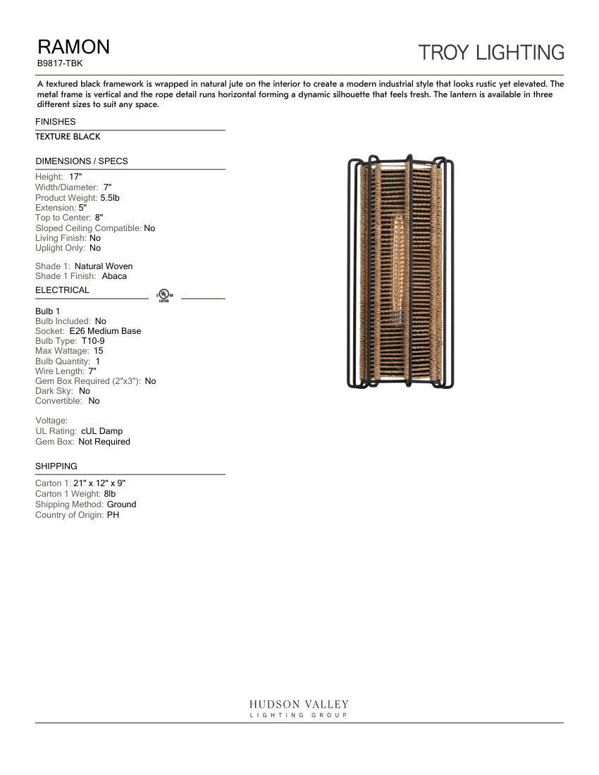 Troy Lighting B9817-TBK cut sheet — first page