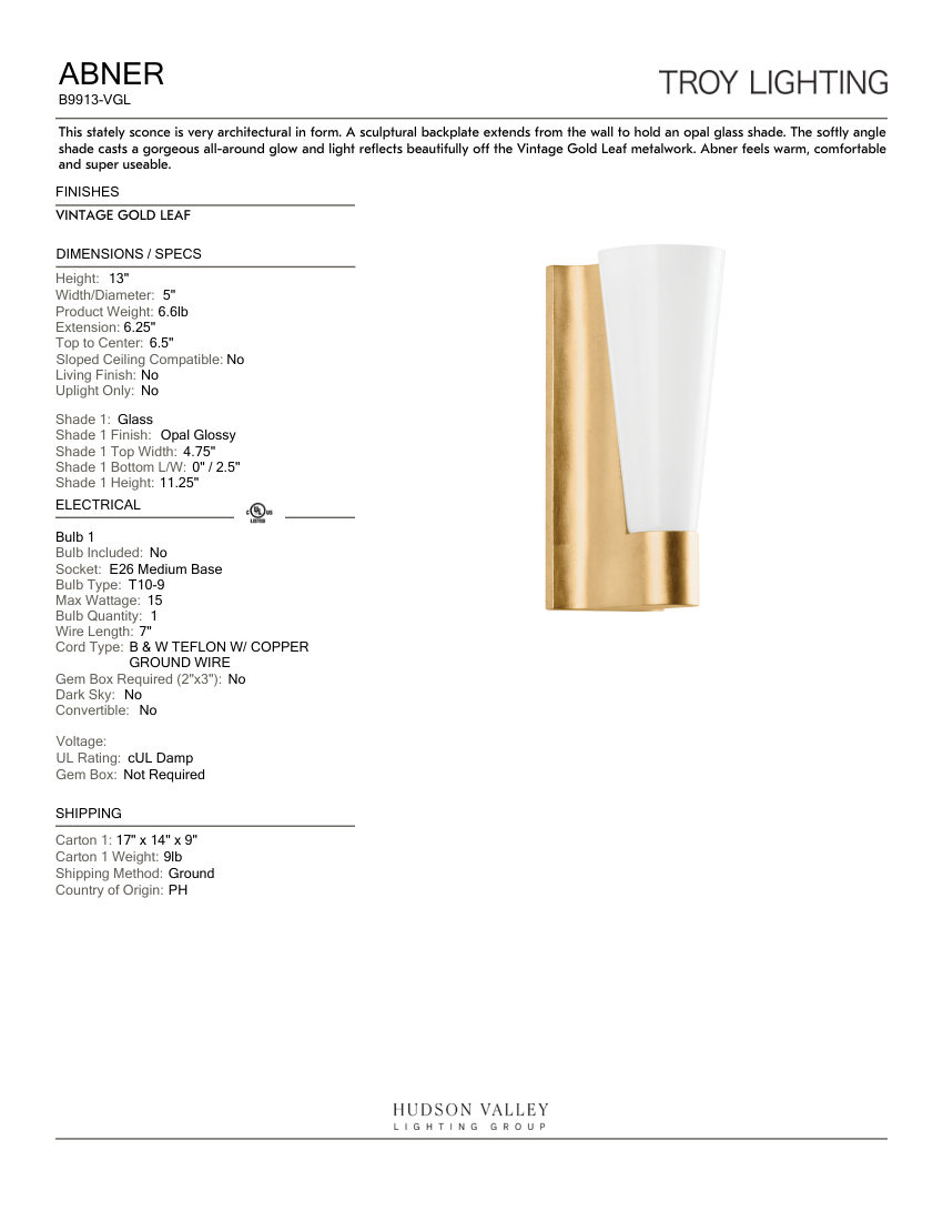 Troy Lighting B9913-VGL cut sheet — first page
