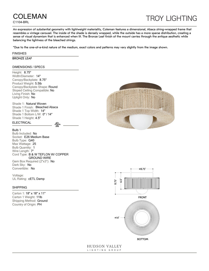 Troy Lighting C1104-BRL cut sheet — first page