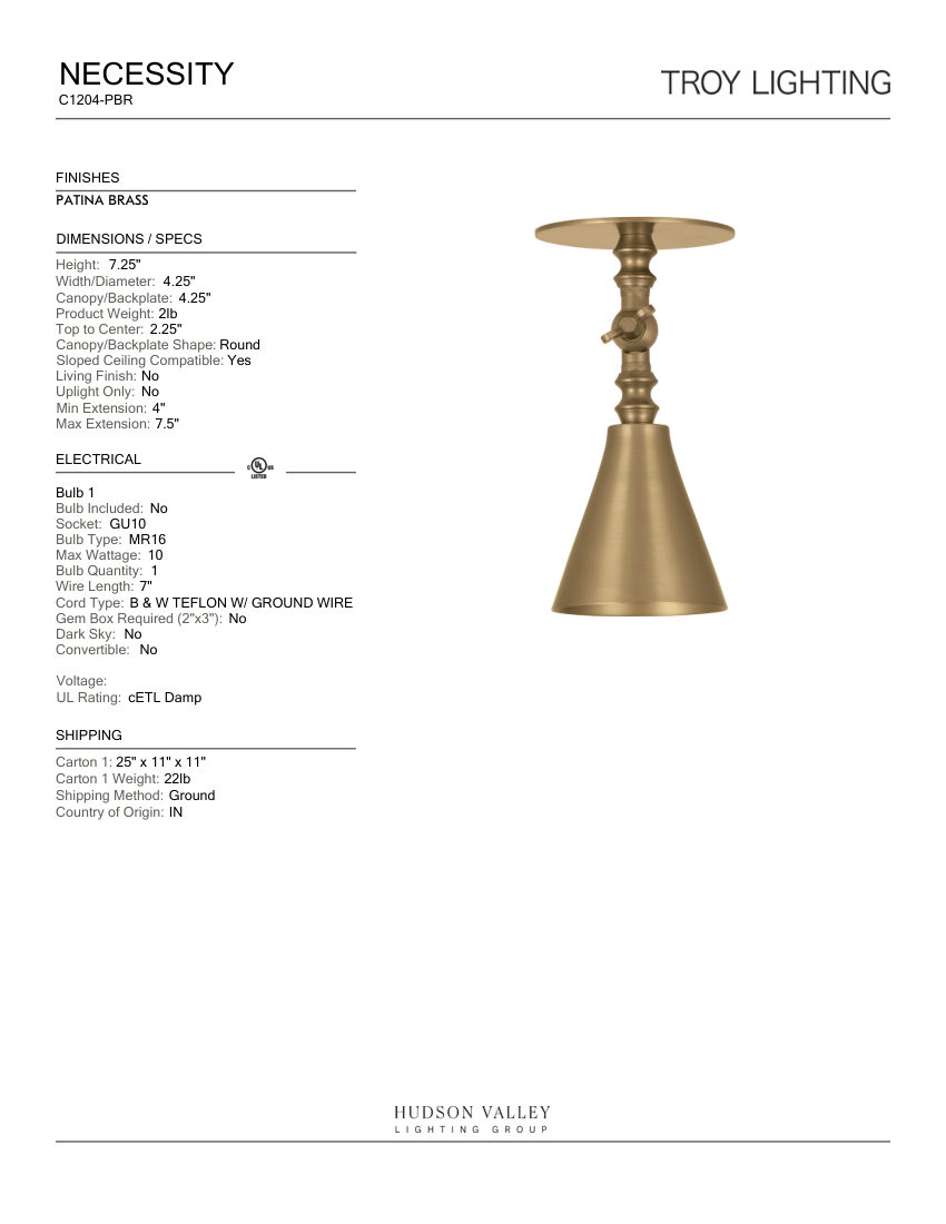 Troy Lighting C1204-PBR cut sheet — first page