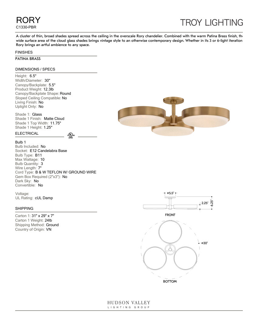 Troy Lighting C1330-PBR cut sheet — first page