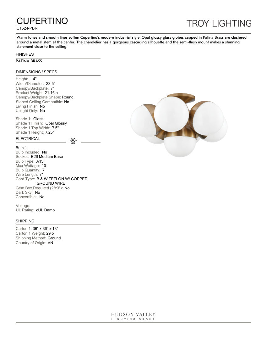Troy Lighting C1524-PBR cut sheet — first page