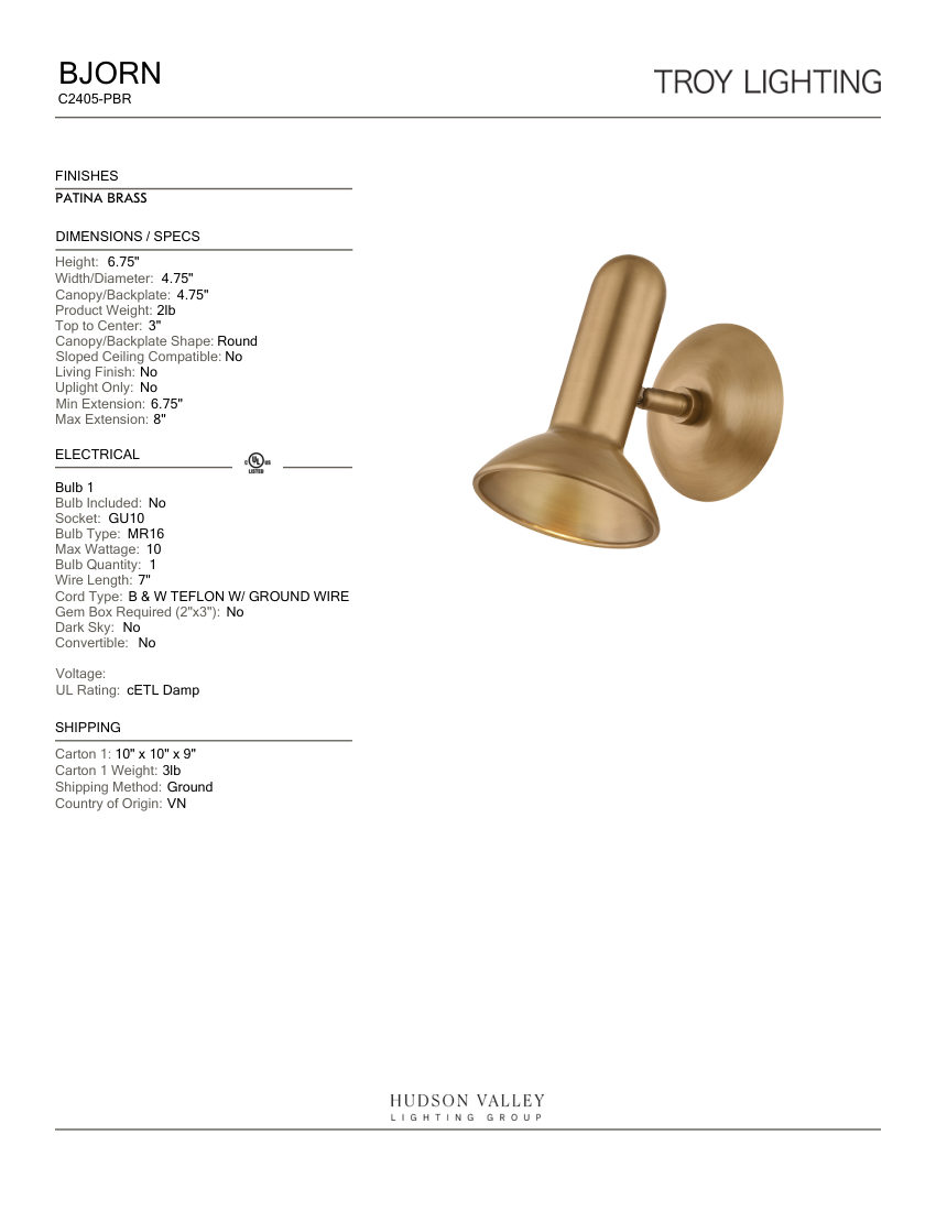 Troy Lighting C2405-PBR cut sheet — first page