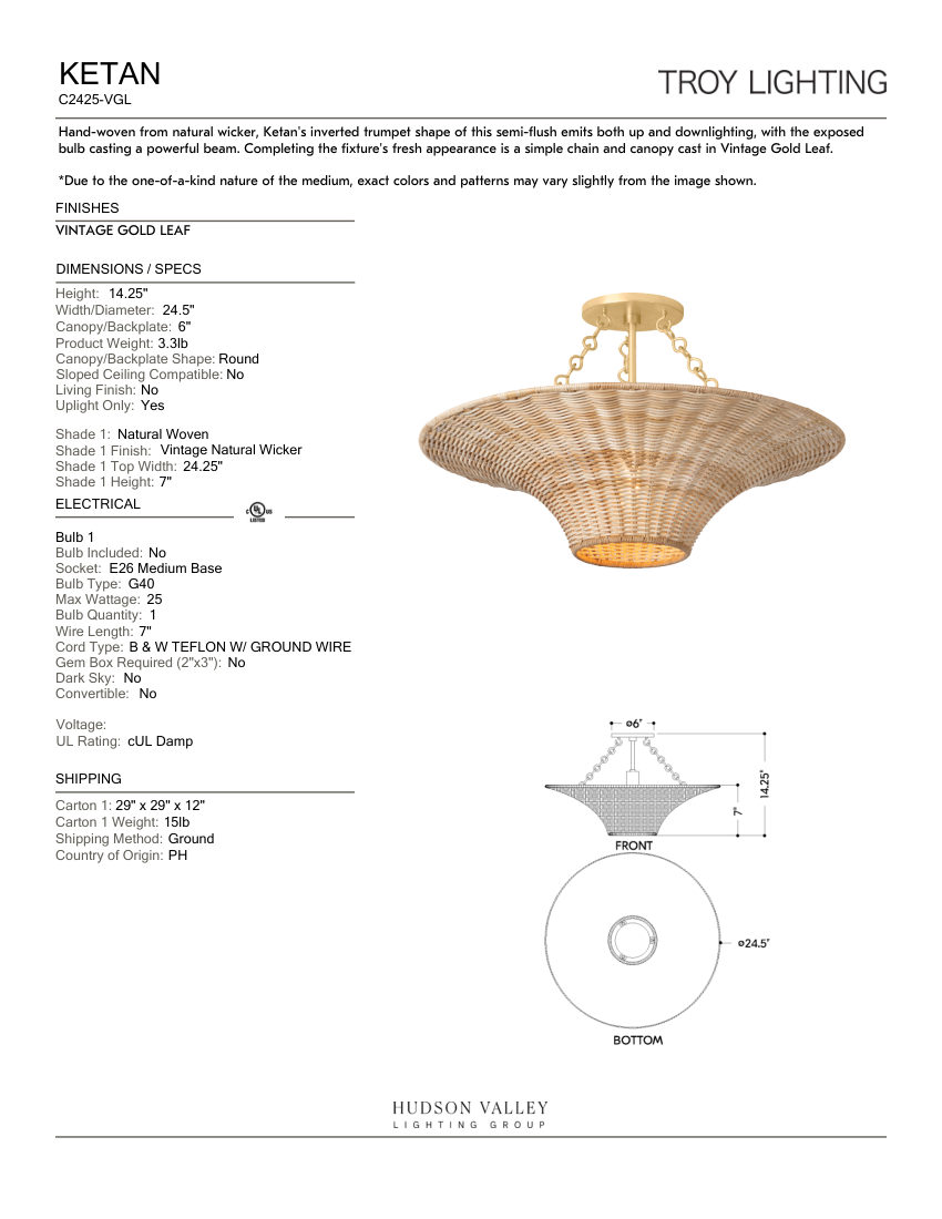 Troy Lighting C2425-VGL cut sheet — first page