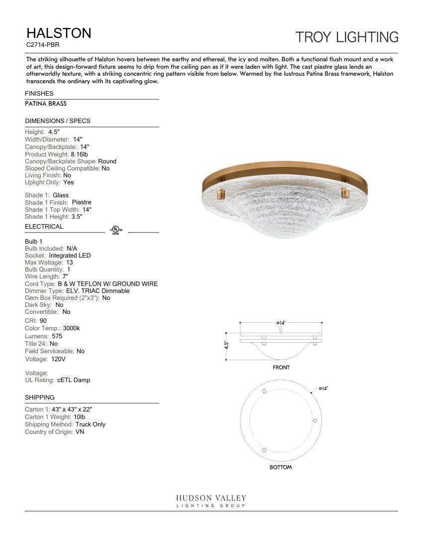 Troy Lighting C2714-PBR cut sheet — first page