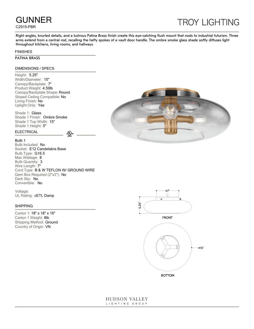 Troy Lighting C2915-PBR cut sheet — first page