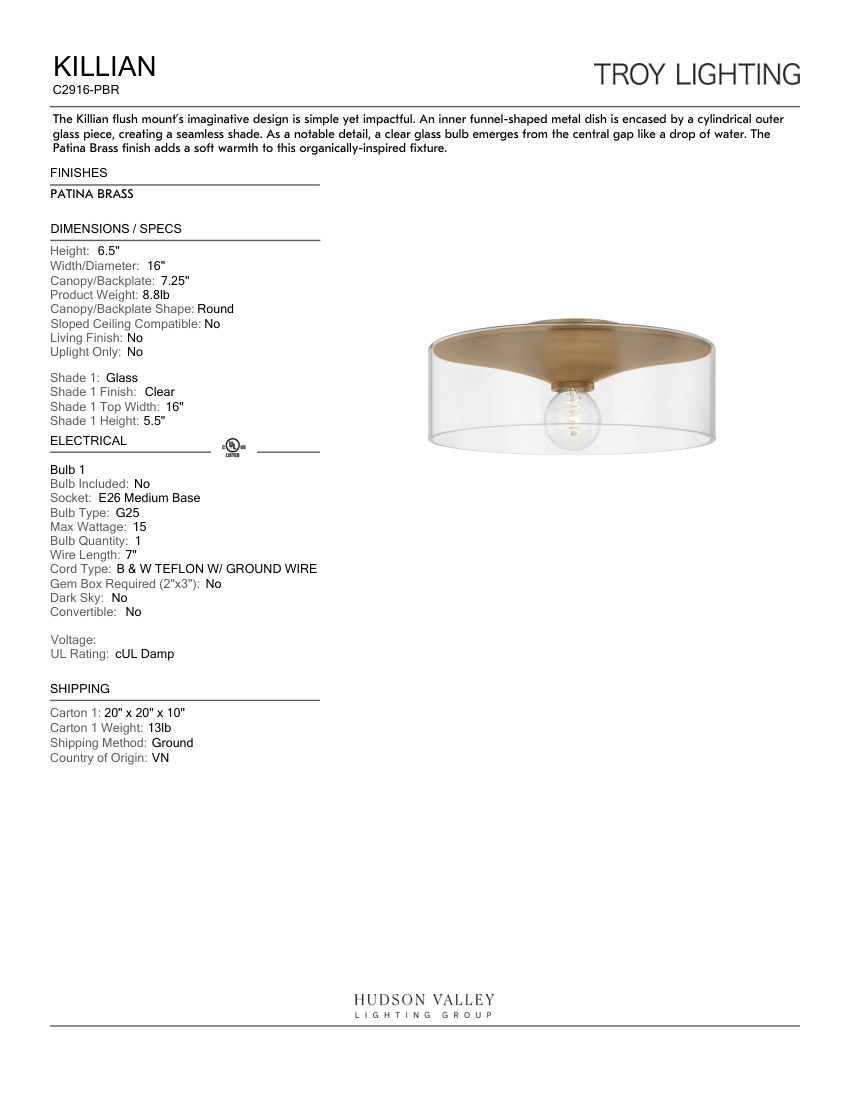 Troy Lighting C2916-PBR cut sheet — first page