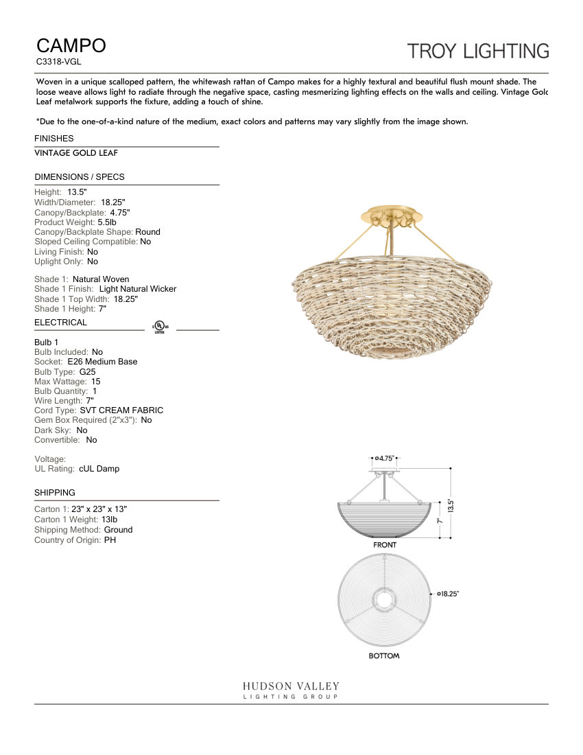 Troy Lighting C3318-VGL cut sheet — first page