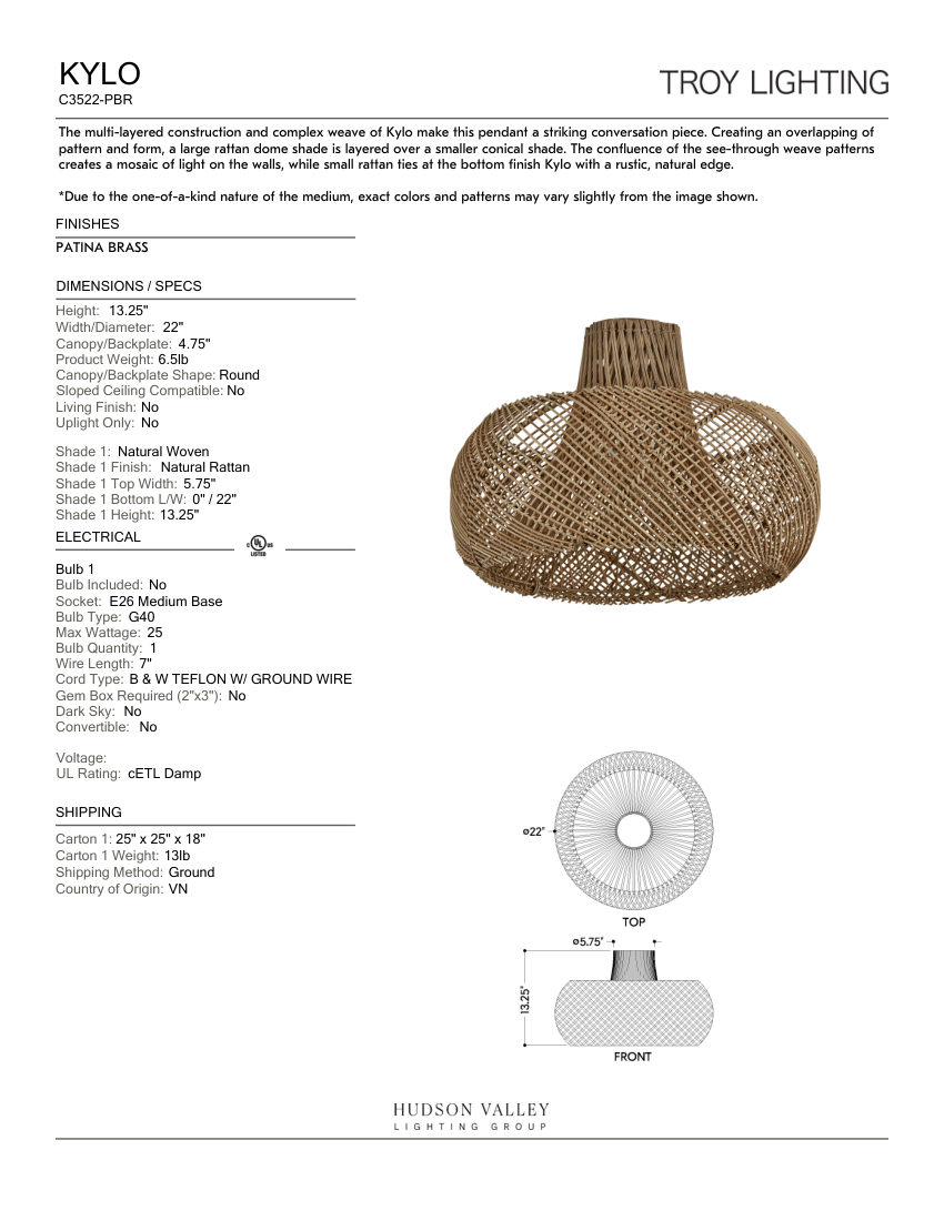 Troy Lighting C3522-PBR cut sheet — first page