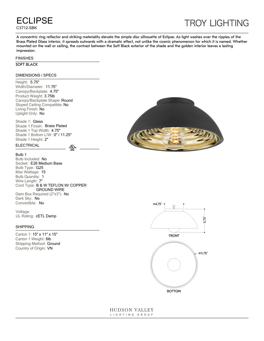 Troy Lighting C3712-SBK cut sheet — first page