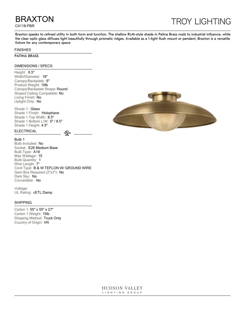 Troy Lighting C4118-PBR cut sheet — first page