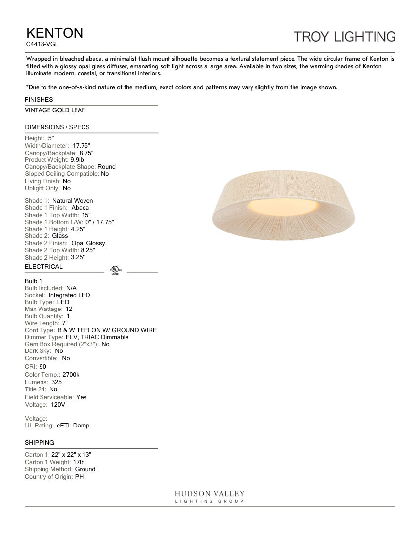 Troy Lighting C4418-VGL cut sheet — first page