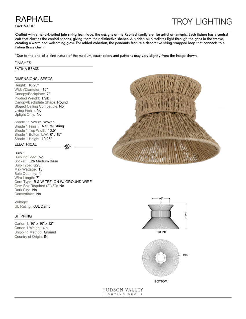 Troy Lighting C4915-PBR cut sheet — first page
