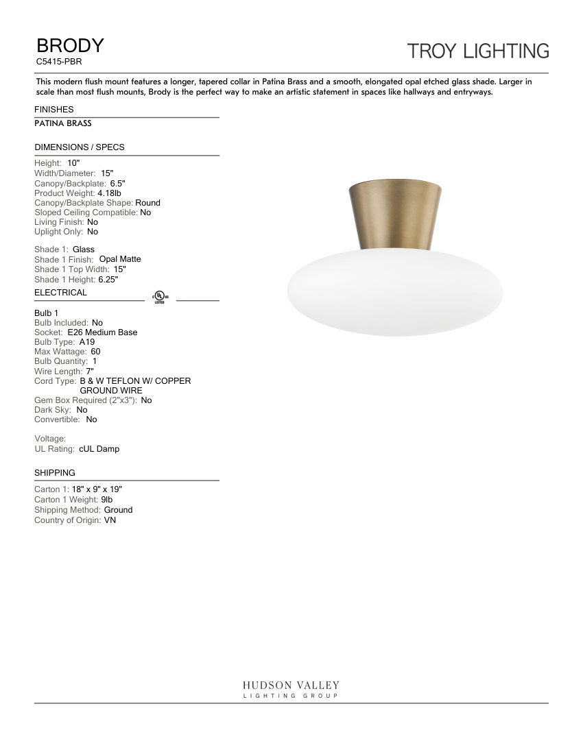Troy Lighting C5415-PBR cut sheet — first page