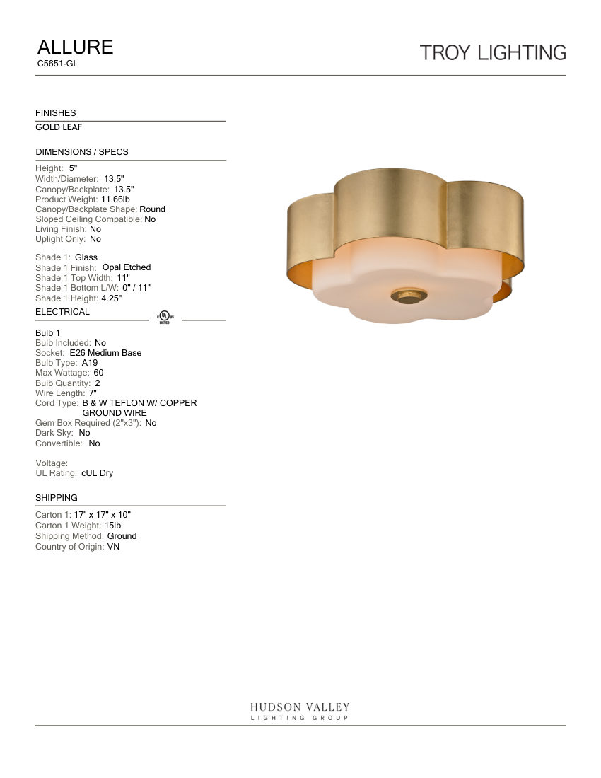 Troy Lighting C5651-GL cut sheet — first page