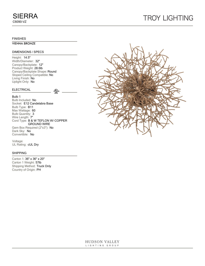 Troy Lighting C6090-VZ cut sheet — first page