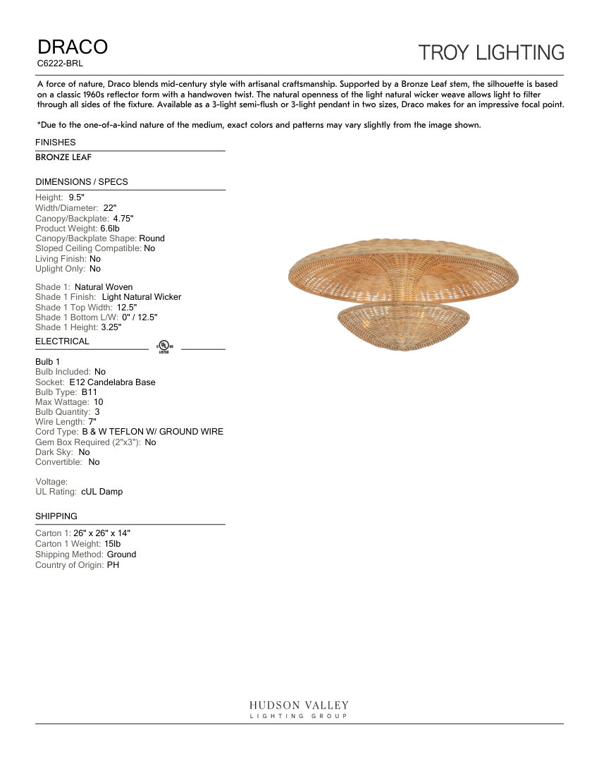 Troy Lighting C6222-BRL cut sheet — first page