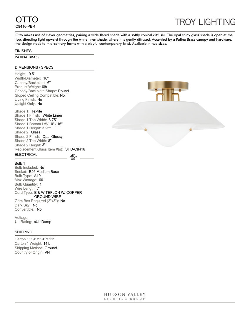 Troy Lighting C8416-PBR cut sheet — first page