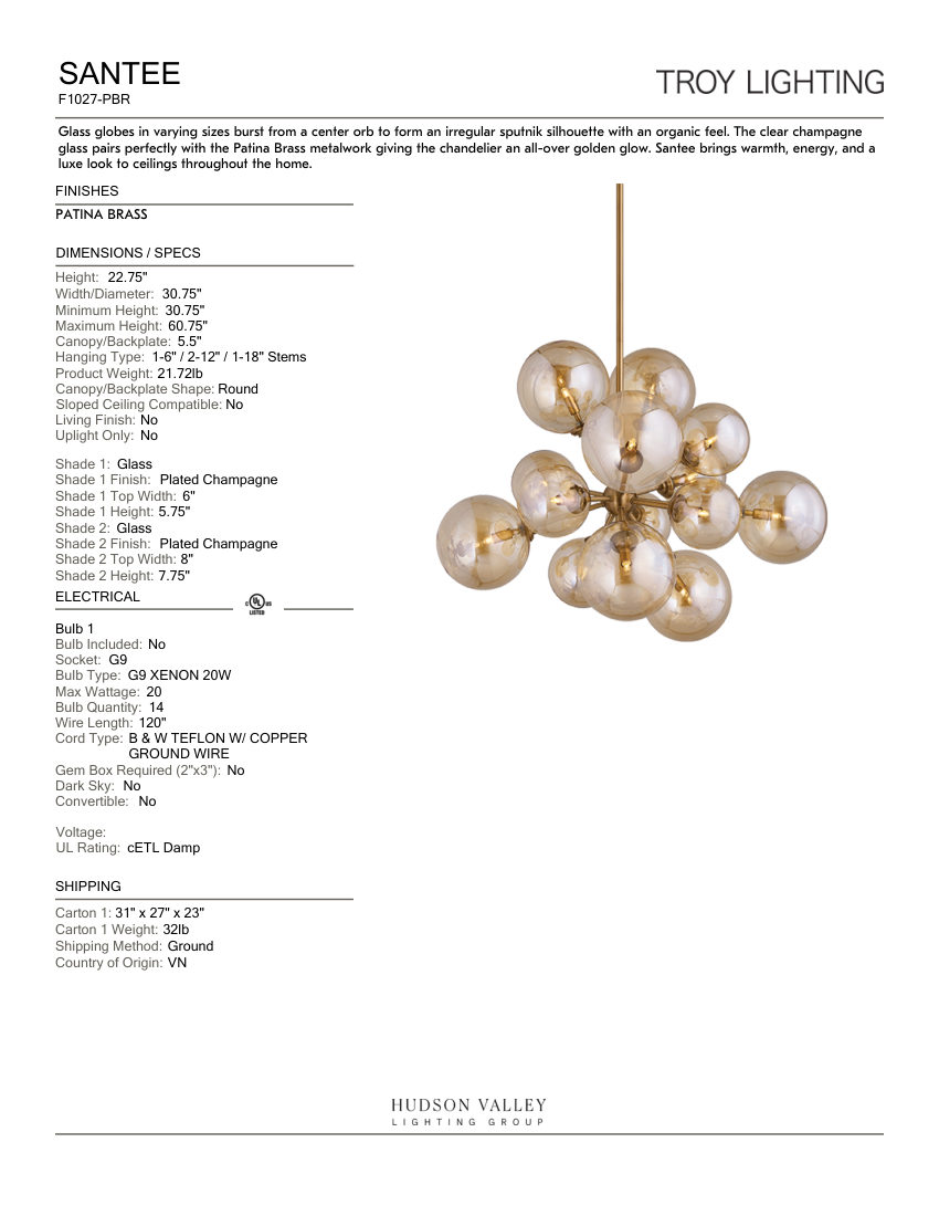 Troy Lighting F1027-PBR cut sheet — first page