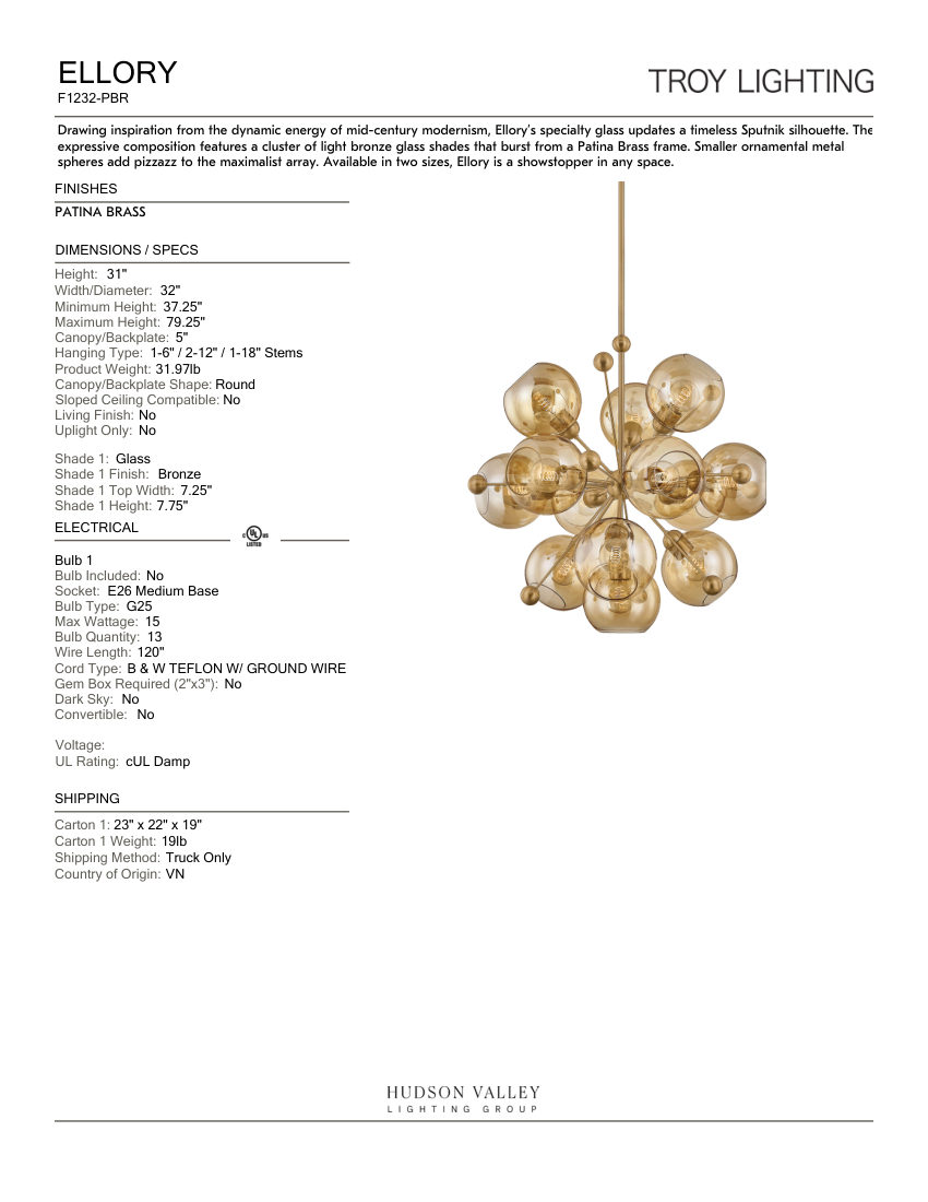 Troy Lighting F1232-PBR cut sheet — first page