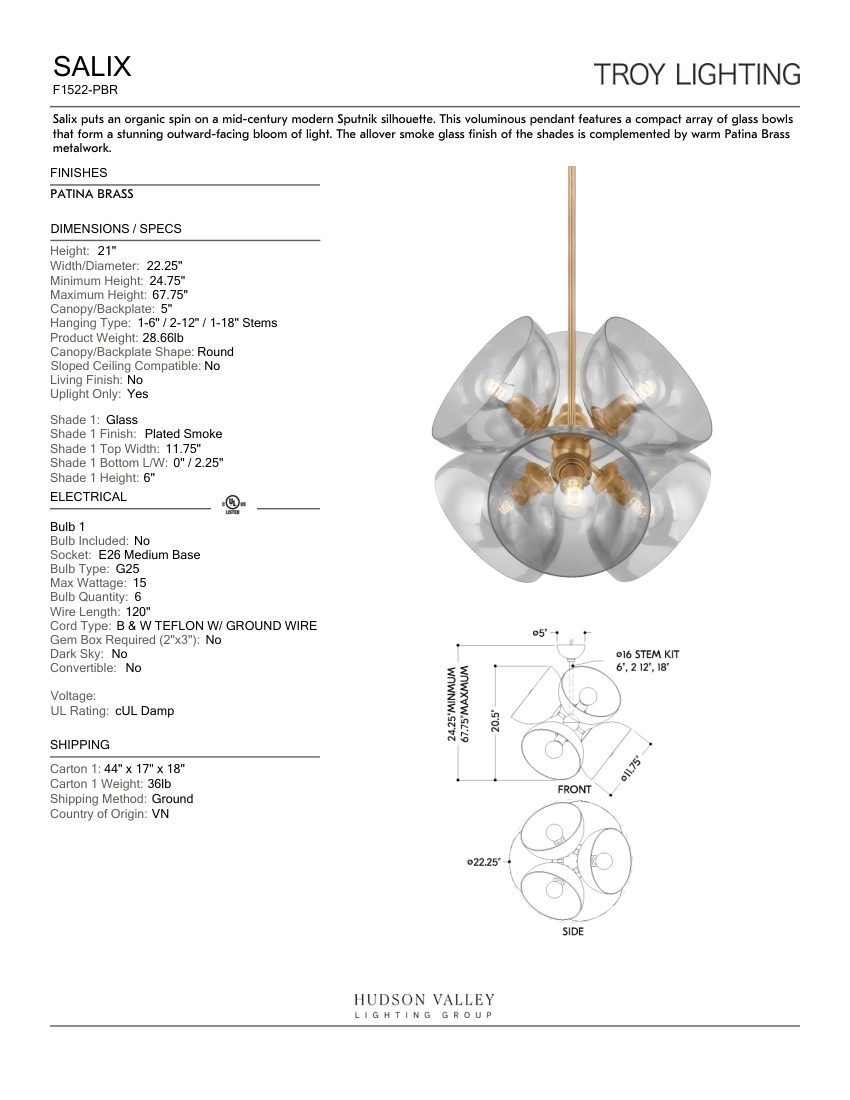Troy Lighting F1522-PBR cut sheet — first page
