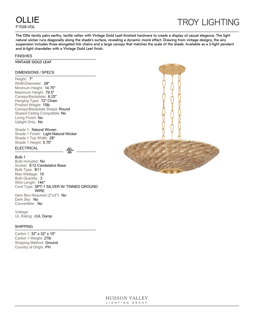 Troy Lighting F1528-VGL cut sheet — first page
