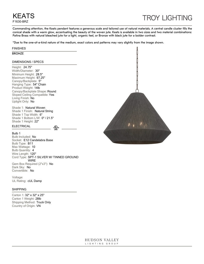 Troy Lighting F1630-BRZ cut sheet — first page