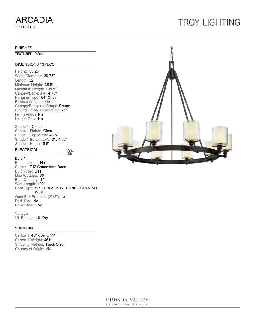 Troy Lighting F1710-TRN cut sheet — first page