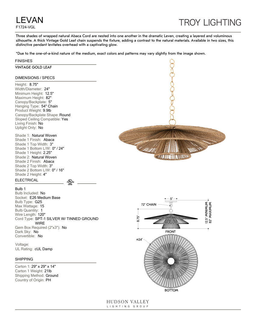 Troy Lighting F1724-VGL cut sheet — first page