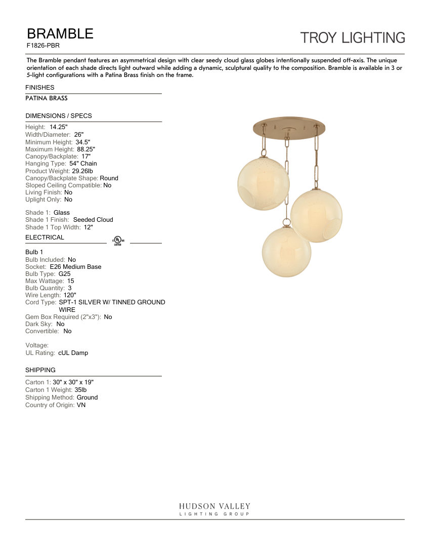 Troy Lighting F1826-PBR cut sheet — first page