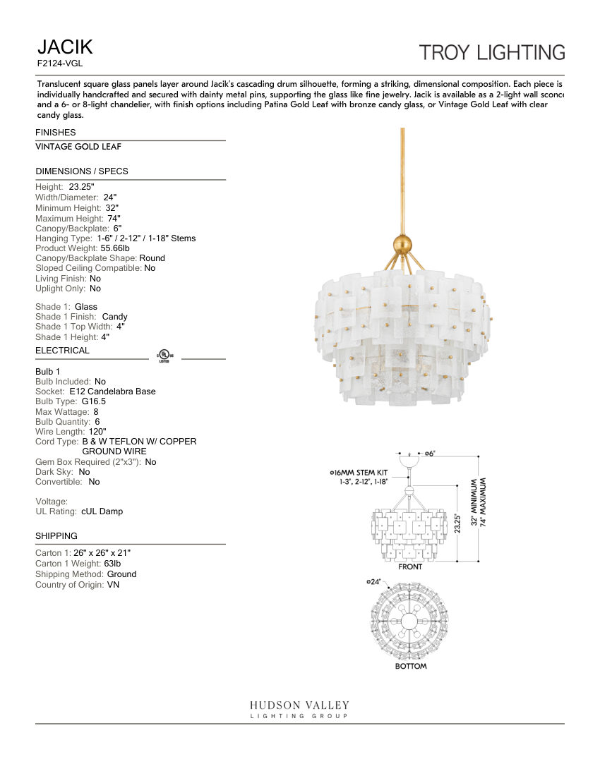 Troy Lighting F2124-VGL cut sheet — first page