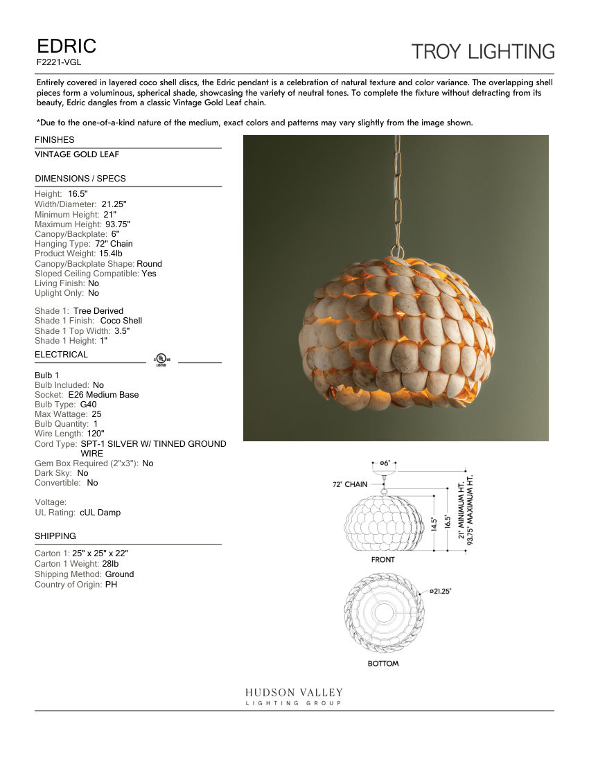 Troy Lighting F2221-VGL cut sheet — first page