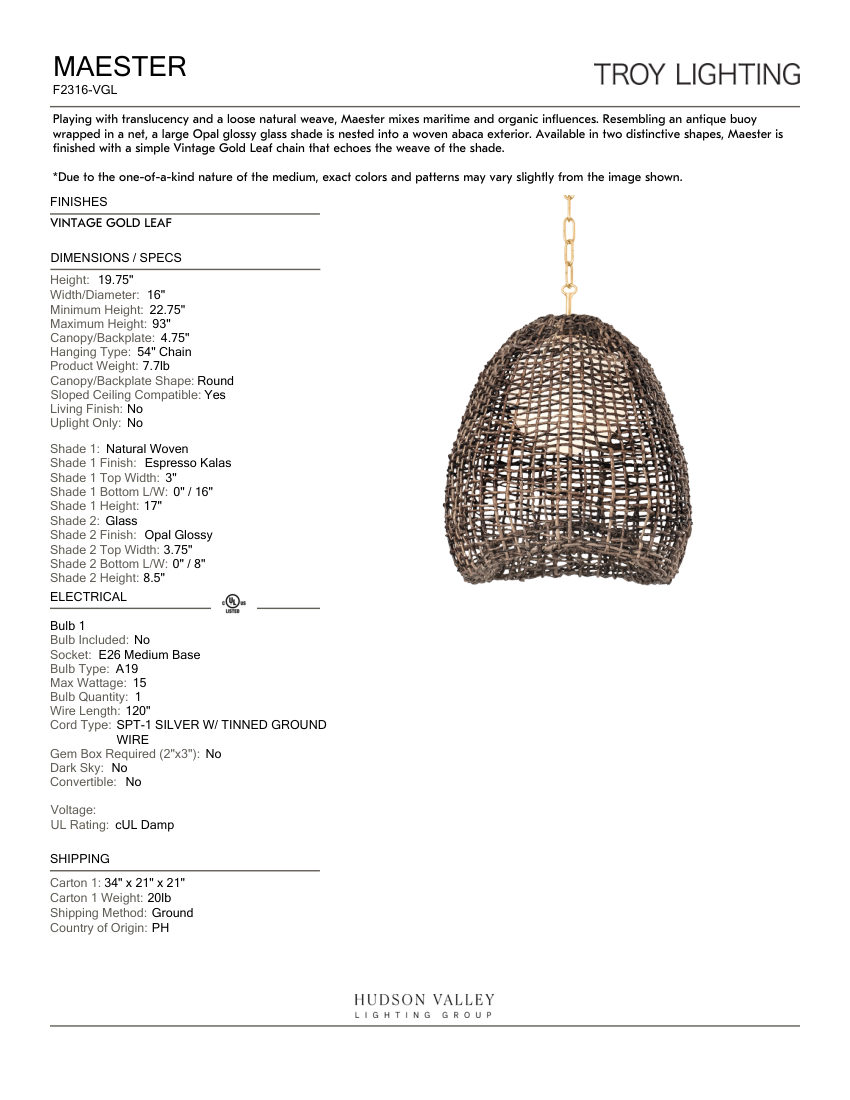 Troy Lighting F2316-VGL cut sheet — first page