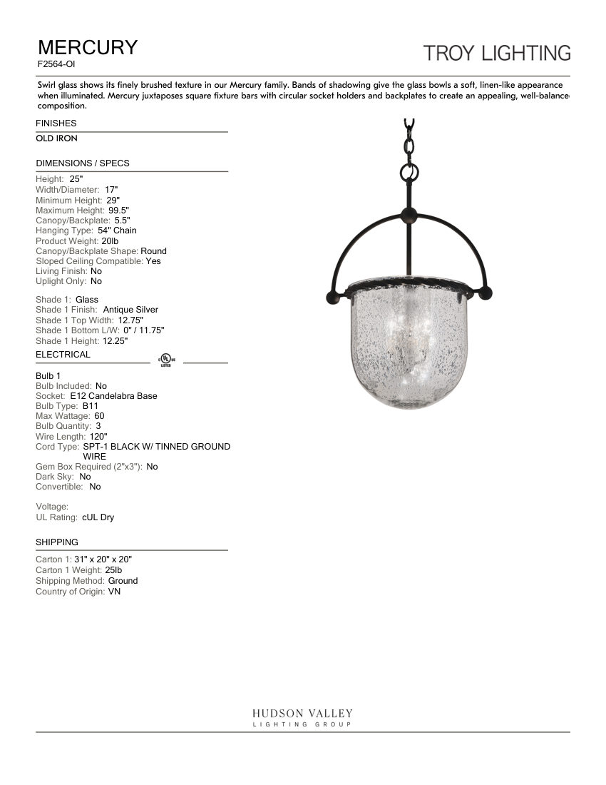 Troy Lighting F2564-OI cut sheet — first page